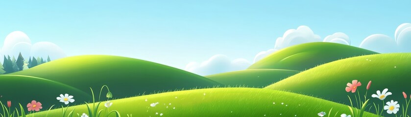 Obraz premium Summer Meadow Landscape with Green Hills and White Flowers