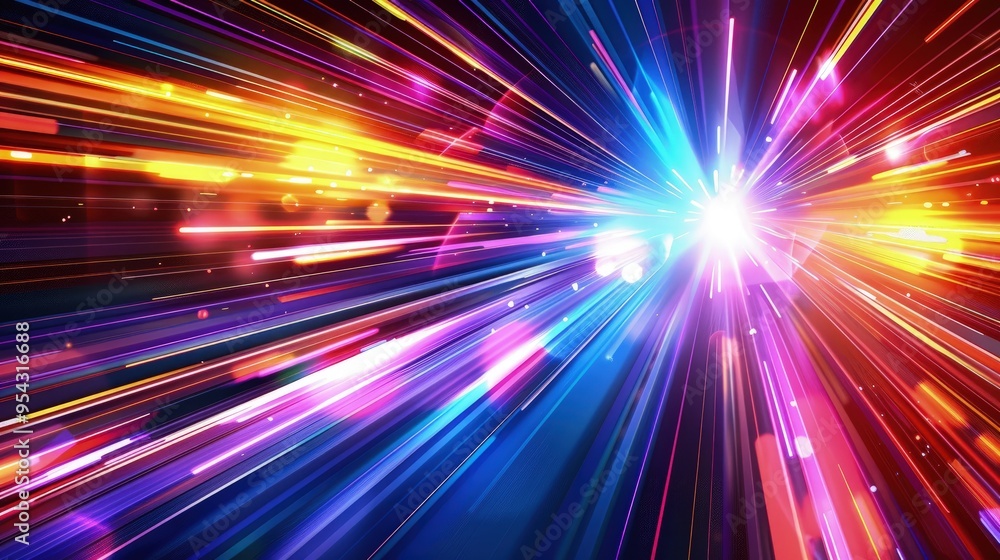 Poster a vibrant abstract design featuring colorful light rays radiating from a central source.