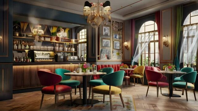 Vintage themed cafe restaurant with a classic combination of green and red. Seamless 4K looping timelapse video animation background