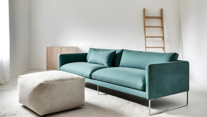 Minimalist Scandinavian Living Room with Teal Sofa and Beige Ottoman