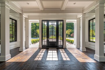 Fototapeta premium View from inside home of wide front porch with white trim, dark wood floor, and black windows, capturing a serene street scene.