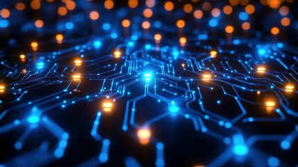 Obraz premium Glowing Blue Circuit Board with Orange Lights