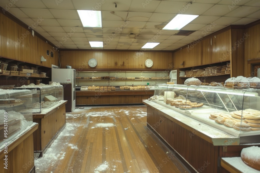 Aufkleber a deserted bakery with empty display cases and flour dust on the counter, illustrating the loss of l