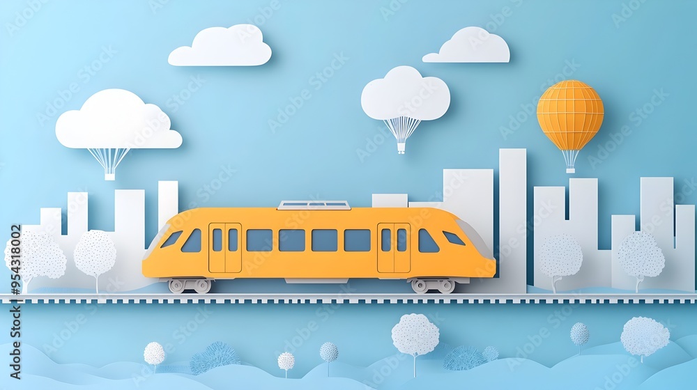 Poster minimalist commuter train on elevated tracks symbolizing suburban transport