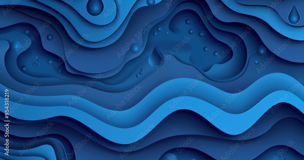 Poster abstract layered blue waves with drops, creating a fluid and dynamic visual effect.