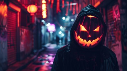 Mysterious halloween Pumpkin Man in cyberpunk city. ai generated image