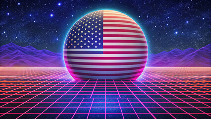 American Dream 80s: A vibrant and futuristic image of the American flag as a sphere, set against a retro 80s landscape with a neon grid and starry night sky.  A nostalgic and inspiring vision of the U
