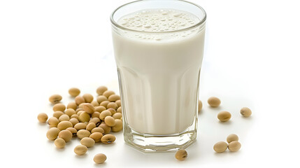 A tall glass filled with soy milk stands next to scattered soybeans on a clean white background, showcasing a nutritious and dairy-free beverage option.