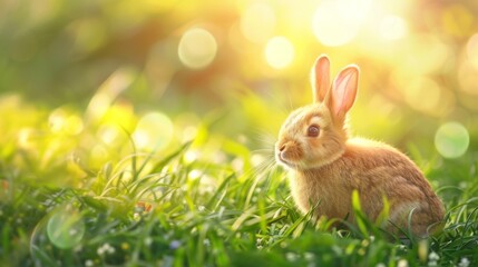 Adorable fluffy rabbit joyfully running in a sunlit green garden on easter morning celebration