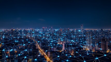Fototapeta premium Nighttime Cityscape with Network Connections