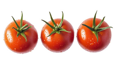 Three fresh tomato isolated on white background, full depth of field camera angle