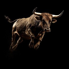 A Brown Bull Leaping in Mid-Air Against a Black Background