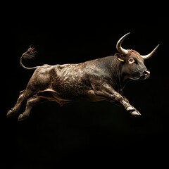A Bull Leaping in Mid-Air Against a Black Background