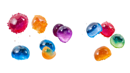 Set of round colorful jelly pieces falling in the air isolated on a clean PNG background, featuring vibrant and playful candy in dynamic motion, ideal for dessert designs, confectionery visuals, 