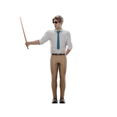 Professional Teacher in 3D. Male teacher stands with his right hand holding a stick while his left hand is behind his body. Male