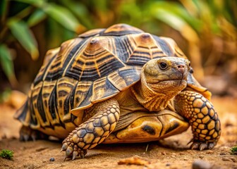 Obraz premium Close-Up Of African Leopard Tortoise With Beautifully Patterned, Brown And Yellow Shell In Natural Habitat