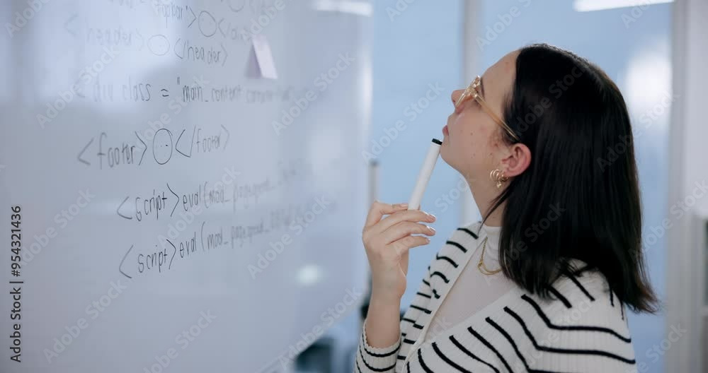 Poster woman, coding and thinking with whiteboard in office for review, system integration and software or 