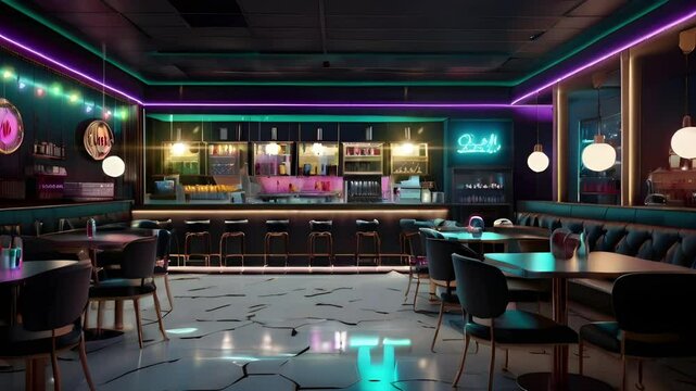 Modern cafe bar night club with neon lights decoration. Seamless 4K looping timelapse video animation background
