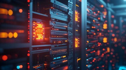 Naklejka premium Futuristic Glowing Data Center with Networked Servers and Cables