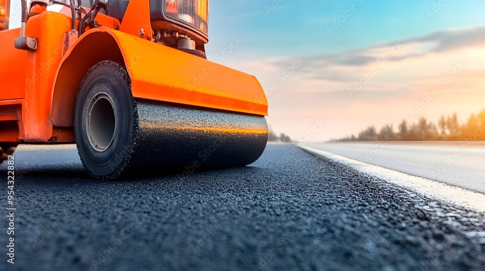 Wall mural steamroller smoothing fresh asphalt on highway construction site