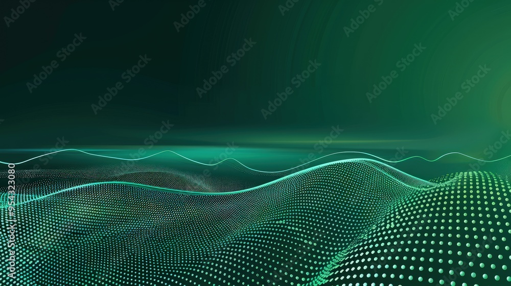 Poster abstract digital landscape with flowing lines and dotted patterns in green tones.