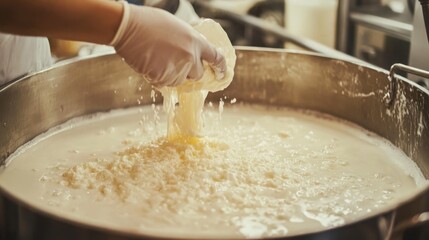 Hand Adding Fresh Curds to a Large Vat of Milk