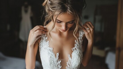 Bride Adjusting Her Wedding Dress