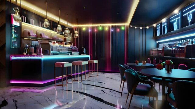 Modern cafe bar night club with neon lights decoration. Seamless 4K looping timelapse video animation background