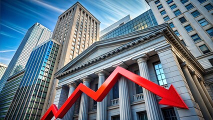 Bank building with a large red arrow pointing downward, indicating falling interest rates, no text