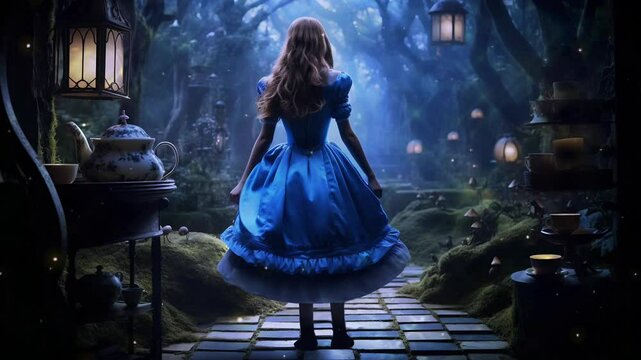 Alice in Wonderland Standing in a Sparkling Magical Forest