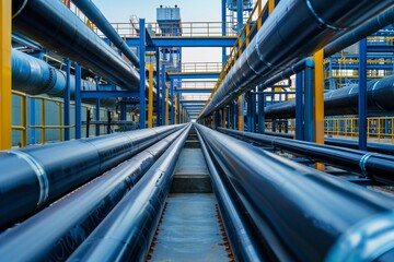 Fototapeta premium Petrochemical and gas processing pipeline transport near steel pipe manufacturing facility