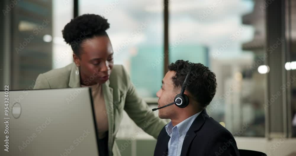 Poster call center, business man and headset with computer for research, planning and customer service in o