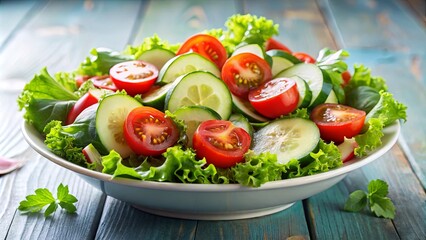 Fresh green salad with cucumber and tomatoes, symbolizing a balanced diet and healthy eating