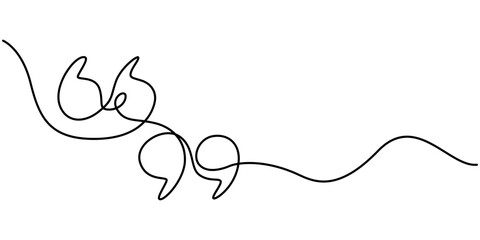 Single continuous line drawing of a quote mark. One continuous line of a quote mark drawing. Vector illustration. Quote linear design, Quote in speech with commas, quotation mark in talk