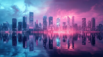 Obraz premium Neon Cityscape Reflected in Calm Water