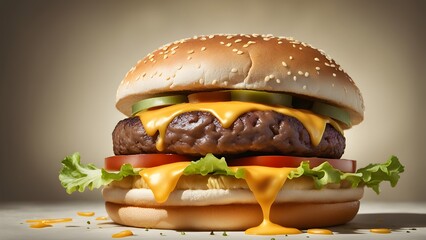 A large hamburger with melted cheese and lettuce on top