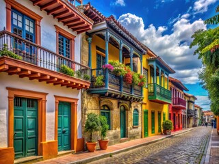 Obraz premium Vibrant colorful rowhouses with ornate balconies and stucco facades line a cobblestone street in a quaint historic district in South America's colonial past.