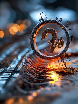 A close-up shot of a glowing metallic 2V symbol against a blurred background, showcasing a blend of industrial and artistic elements.