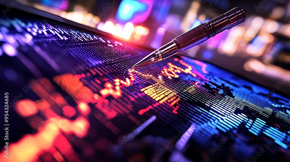 Poster a close-up view of digital financial data with vibrant graphs and a stylus, representing market anal