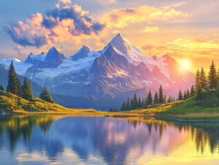 Fototapeta premium A serene mountain landscape during sunrise