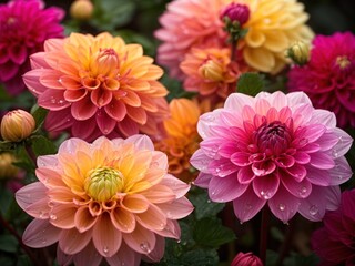 Colorful Dahlia Mix blooms with rain drops