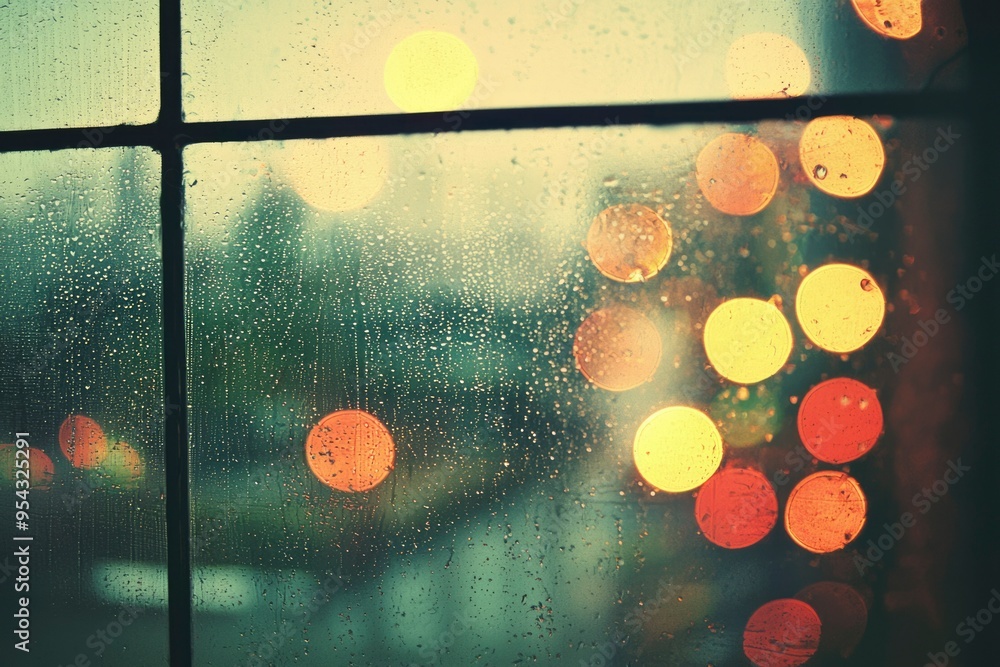 Poster Raindrops on a Window with Blurred Lights in the Background