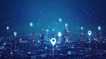 Cityscape with Location Pins and Network Connections