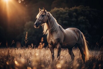 Beautiful horse standing in a golden field during sunset with sunlight illuminating its mane and surrounding nature