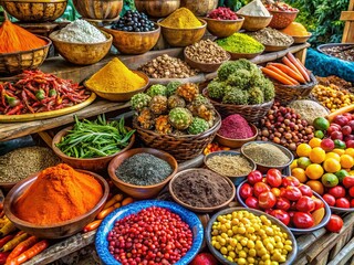 Vibrant colors and enticing aromas fill a bustling Haitian market stall, offering an array of exotic fruits, fragrant