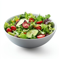 Fresh Green Salad with Tomatoes and Cucumber in a White Bowl.