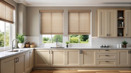 Fototapeta premium Beige blackout roller blind in stylish modern kitchen with shutters on plastic window , Beige, blackout