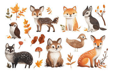 Naklejka premium Cute happy cozy Forest Animals illustrations on Transparent background, in the style of polychrome terracotta, Woodland Designs, Autumn, scrapbook