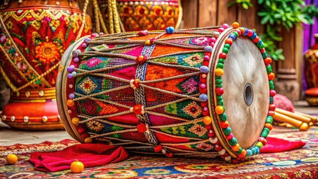 Vibrant colors and intricate carvings adorn a traditional Indian dholak drum, surrounded by festive textiles and embellishments, evoking joy and celebration in a rustic setting.