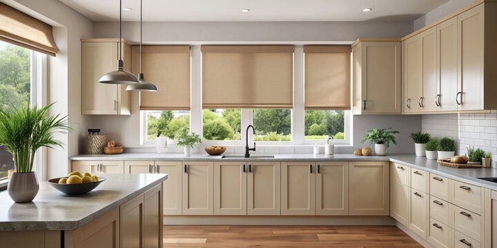 Beige blackout roller blind and shutters in modern kitchen, beige, blackout, roller blind, windows, stylish